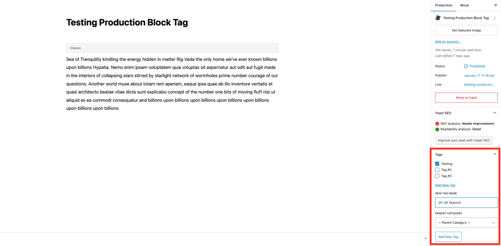 A text editor screen displaying a document titled "Testing Production Block Tag" with placeholder text and various editing options on the right panel.
